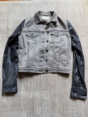 Rag and Bone grey jean jacket with black lamb leather sleeves button front